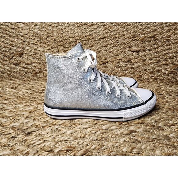CONVERSE COATED SILVER GLITTER CHUCK TAYLOR ALL STAR KIDS Size 2 Hi Top - Picture 5 of 11